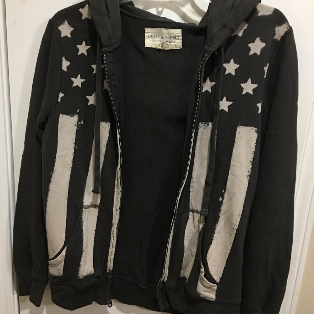 Ralph Lauren Gray Distressed Zip Hoodie with White Star & Stripe Print